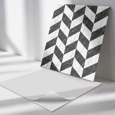 Wallfluent Vinyl Tegels - Marmeren Visgraatpatroon Wand PVC Tegels - 30 cm x 30 cm - Zwart En Wit Vinyl Tegels - Verpakking van 9 stuks - Vierkant PVC Tegels - Texturen Plaktegels - Vinyl Vloer Tegels - Plaktegels Keuken en Badkamer