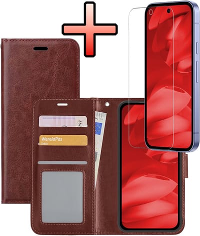 Hoesje - Met Screenprotector - Geschikt voor Google Pixel 9a - Luxe Pasjeshouder - Bookcase Portemonee - Flip Case - Kunstleer Book Case - Flipcase - Book Cover - Walletcase - Portemonneehoes - Bruin