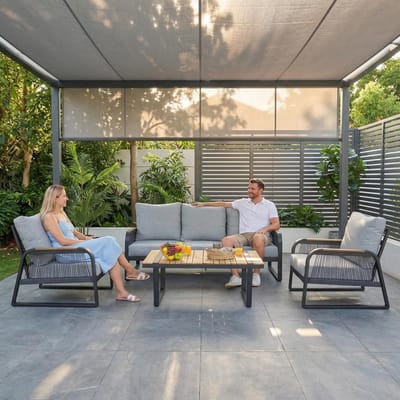 Teakhouten Loungeset 5-persoons - Luxe Bali Tuinset - 4-delig - 3-zits Bank, 2 Fauteuils, Salontafel - Inclusief Kussens - Grijs