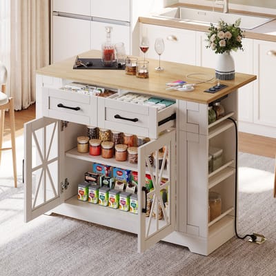 Wishdor Verrijdbaar Keukeneiland en Keukentrolley met Stopcontacten & USB - Opklapbare Ontbijtbar - Glazen Deuren - Wit MDF & Houtlook - 120x65x92 cm