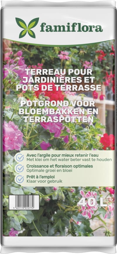 Famiflora Potgrond Bloembakken - 40L - Rijk aan Voeding - Voor Bloemen en Sierplanten - Met klei (beter water vasthouden)