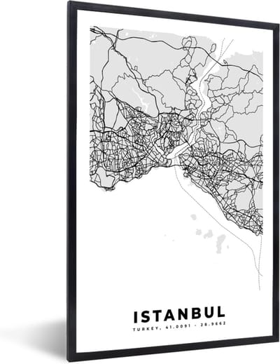 Fotolijst incl. Poster Zwart Wit- Istanbul - Plattegrond - Stadskaart - Zwart Wit - Kaart - 40x60 cm - Posterlijst