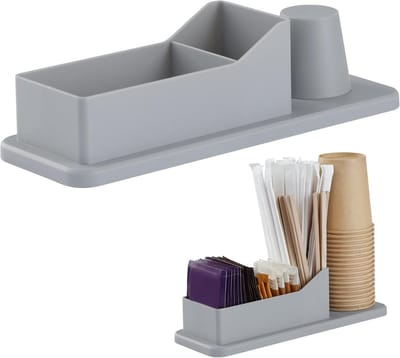 Famanu - Grijze koffietafel organizer met meerdere vakken voor suiker, bekers en koffiemelk, ideaal voor koffiecorner of kantoor