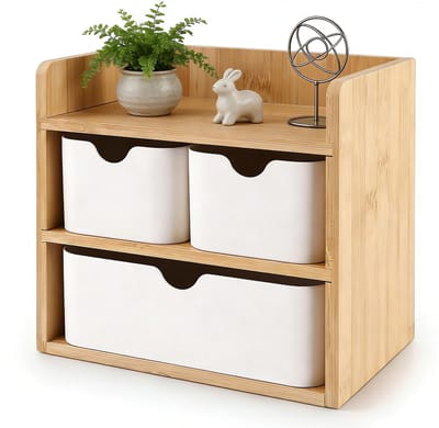 SnelShoppen - Houten opbergdoos met 3 laden en 3 planken, compacte afmetingen 14 x 20 x 19 cm, ideale opbergoplossing voor kantoor, thuis en school, m