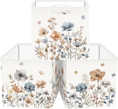 Famanu – Set van 3 opbergdozen – Bloemenprint – Opvouwbare opbergkubussen voor kast – Voor kleding - en boeken – Bruin – 30 x 30 x 30 cm