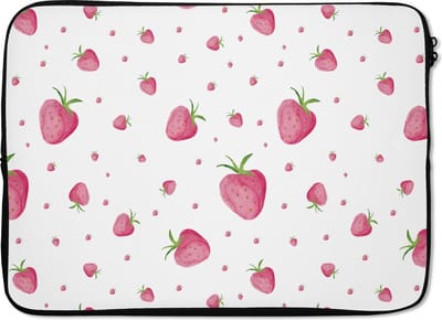Laptophoes 14 inch - Aardbei - Fruit - Wit - Laptop sleeve - Binnenmaat 33x23 cm - Zwarte achterkant