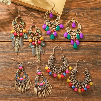 12 paar Boho Vintage Oorbellen voor Dames Vakantie Hofstijl Handgemaakt Kwastje Oorhanger Dagelijks Gebruik Werk Feest Decoraties Cadeau Veelzijdig brown
