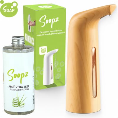 Soopz Automatische Zeepdispenser – Eiken Hout – Oak Wood Elegance – Zeeppompje met Bewegingssensor – Met Aloë Vera Zeep