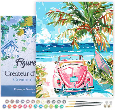 Figured'Art Schilderen op Nummer Volwassenen met lijst Roze auto aan zee- Handwerk acrylverf Kit DIY Compleet - 40x50cm Canvas al ingelijst