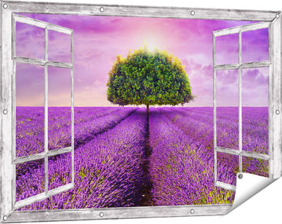 Gards Tuinposter Doorkijk Groene Boom in de Lavendel Bloemen - 120x80 cm - Tuindoek - Tuindecoratie - Wanddecoratie buiten - Tuinschilderij