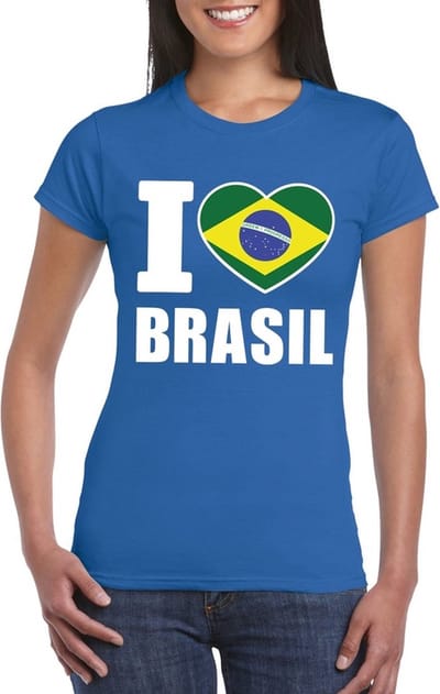 Brazilie supporters kleding t-shirt - voor dames - blauw - met vlag kleuren print - korte mouwen S
