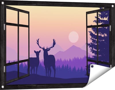 Gards Tuinposter Doorkijk Twee Herten - Zonsondergang - Silhouet - 90x60 cm - Tuindoek - Tuindecoratie - Wanddecoratie buiten - Tuinschilderij