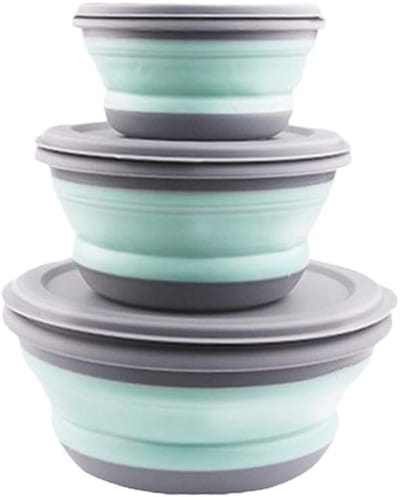 Opvouwbare Vouwkom Set - 3 Stuks - Draagbare Kommetjes voor Kamperen, Wandelen en Keuken - Siliconen, Ronde Vershouddozen (Groen)