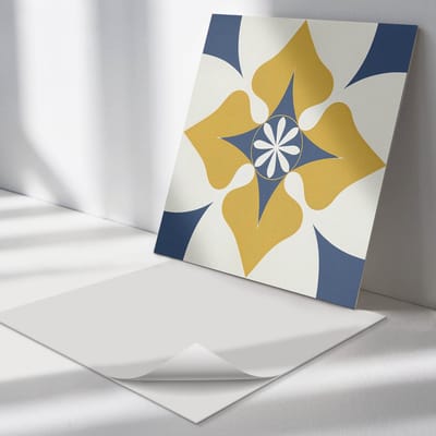 Wallfluent Vinyl Tegels - Bloemenpatroon met Symmetrie Vloer Tegels PVC - 30 cm x 30 cm - Geel PVC Tegels - Set van 9 - Vierkant PVC Tegels - Abstractie Plaktegels - Zelfklevende PVC Tegels - Plaktegels Keuken en Badkamer