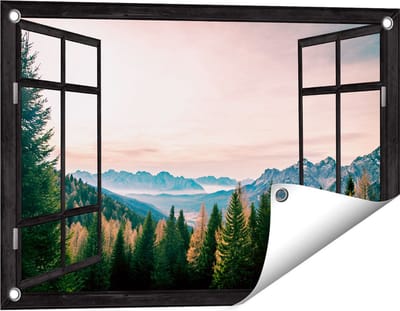 Gards Tuinposter Doorkijk Bos met Bomen bij Bergen Landschap - 60x40 cm - Tuindoek - Tuindecoratie - Wanddecoratie buiten - Tuinschilderij