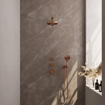 Brauer Copper Edition thermostatische inbouw regendouche SET 07 met 20 cm douchekop en rechte muurarm en 3-standen handdouche en doucheslang en wandaansluitbocht koper geborsteld PVD