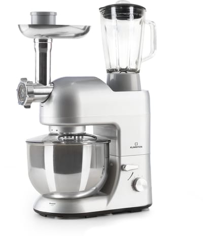 Klarstein Blender Knetmaschine keukenmachine met Fleischwolf, 1800W Teigmaschine klein, 6 standen, Schneebesen - & Knethaken, planetair , roermachine met Mixer, keukenmachines met 5L kom - 1800W 5L - voor Keuken - RVS - Standmixer