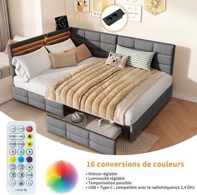 Gestoffeerde slaapbank met ledverlichting, USB-oplaadpoorten en 2 lades, 140x190 cm, verstelbaar hoofdeinde in breedte, linnenstof, grijs, exclusief matras