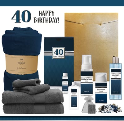 Geschenkset “40 Jaar Happy Birthday!” - 11 Producten - 2000 Gram | Giftset voor hem - Luxe wellness cadeaubox - Cadeau man Verjaardag - Veertig - Gefeliciteerd - Gift Fourty years old - Party - Cadeaupakket Deluxe - Vriend - Verjaardagscadeau - Blauw