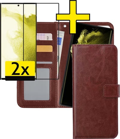 Hoesje - 2 in 1 - Geschikt voor Samsung Galaxy S22 Ultra - Met 2x Screenprotector - En Uitneembare Hard Cover - Bookcase - Wallet Case - Met Pasjeshouder - Book Case - Uitneembaar - Pashouder - Kunstleer - Telefoonhoesjes - Bruin