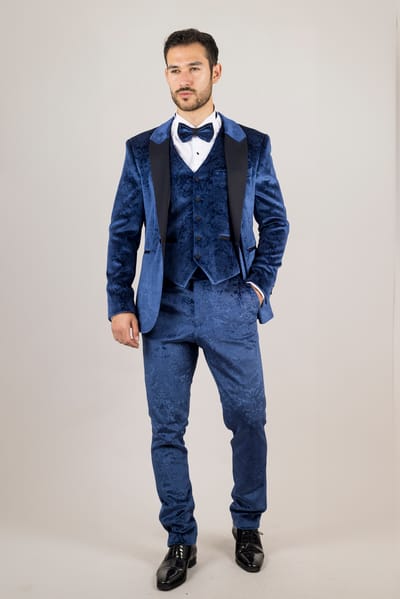 Heren Blauwe 3-delige Fluwelen Trouw Tuxedo Formele Pak