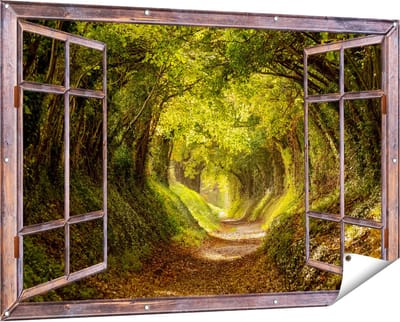 Gards Tuinposter Doorkijk Pad in het Bos met veel Bladeren - 150x100 cm - Tuindoek - Tuindecoratie - Wanddecoratie buiten - Tuinschilderij