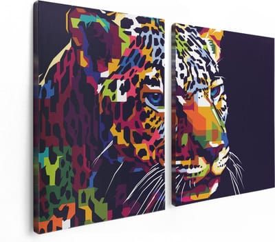 Artaza Canvas Schilderij Tweeluik Kleurrijke Luipaard - Abstract - 120x80 - Foto Op Canvas - Canvas Print