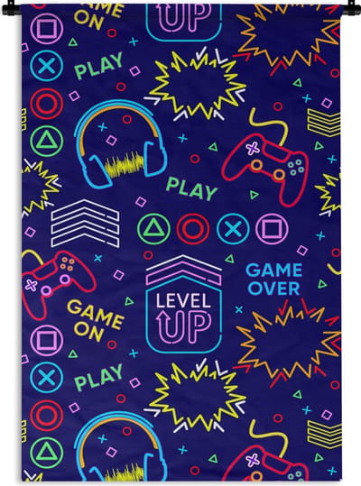 Wandkleed - Wanddoek - Gaming - Neon - Koptelefoon - Design - 60x90 cm - Wandtapijt