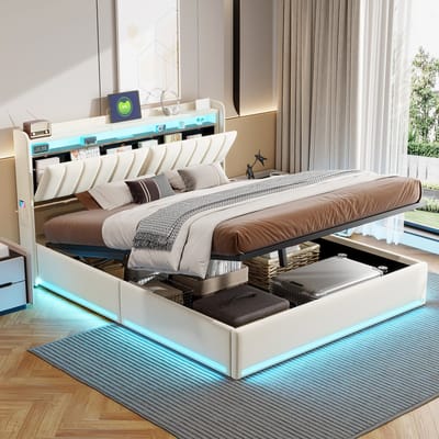 Velours Polsterbed 160x200 met LED & USB-C – Bedframe met Opbergruimte en Hoofdbord – Beige