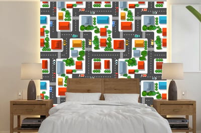 Behang - Fotobehang Patronen - Auto - Huis - Jongens - Kinderen - Kids - Breedte 240 cm x hoogte 240 cm