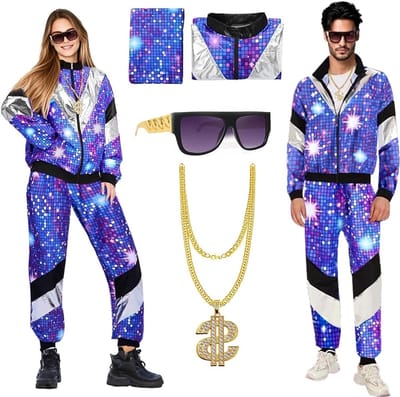 80s kostuum voor mannen en vrouwen, retro outfit met jas, broek, ketting en zonnebril, perfect voor carnaval en Halloween