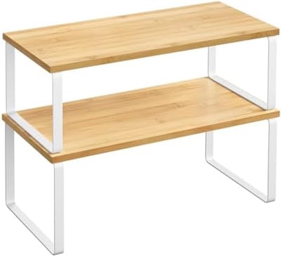 PromoHome Keukenplank Set van 2, Uitbreidbaar en Stapelbaar Kruidenrek, Keukenorganizer voor Extra Opbergruimte, Geschikt voor Kruiden, Potjes en Keukengerei, Metaal en Hout Materiaal, Wit en Beige