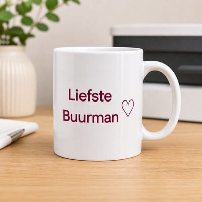Liefste Buurman Mok – Witte Koffiemok met Hartje – Cadeau voor Buurman – Keramische Mok 325ml – Vaatwasserbestendig