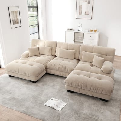 Wishdor - Modulaire Hoekbank Met Ottomaan - Diepe Zitting En Wolkachtige Zitkussens - Woonkamer - Chenille - Lichtbruin