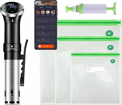 Perow Sous Vide Stick – Inclusief Wi-Fi en App – Inclusief Vacuum set - Slow Cooker – Smart Slowcooker – Sous Side Zakken - Zwart/RVS