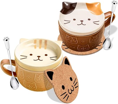 Schattige Kawaii Kat Koffiemokken met Deksel - Leuke Verjaardagscadeaus voor Vrouwen - Grappige Keramische Theekopjes - Set van 2