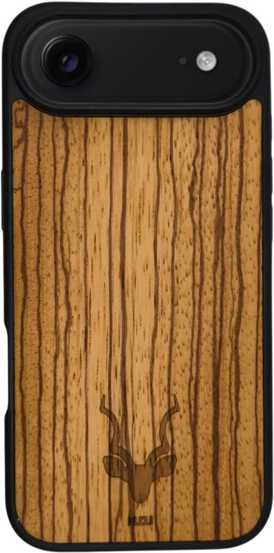 Kudu iPhone 17 Air case - Houten backcover - Handgemaakt en afgewerkt met duurzaam TPU - Zebrano - Zwart