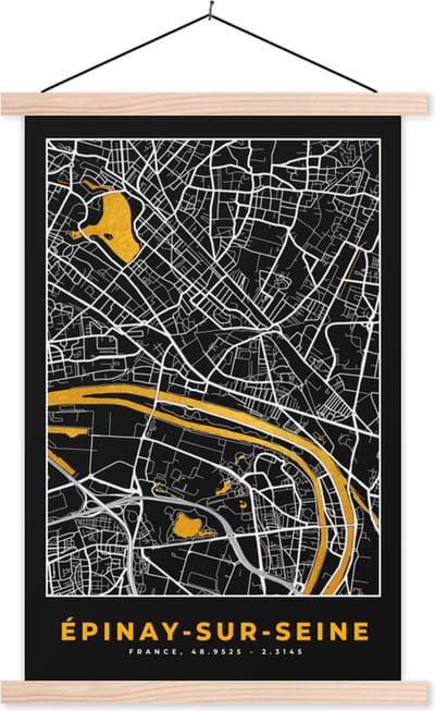 Posterhanger incl. Poster 40x60 cm - Schoolplaat - Plattegrond – Kaart – Stadskaart – Frankrijk – Épinay-sur-Seine - Textielposter - Blanke latten - Stadskaart
