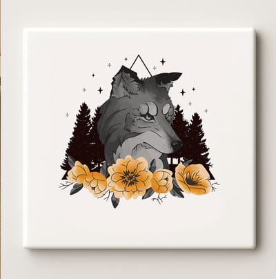 Wolf en Bloemen Tegel 15x15cm – Mystieke Bos Keramische Wanddecoratie – Boho Natuur Ontwerp – Perfect Cadeau voor Dier- en Kunstliefhebbers