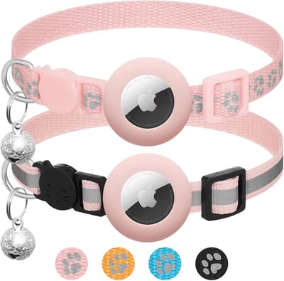 Airtag kattenhalsband met veiligheidsgesp en belletje, Apple Airtag, reflecterend, verstelbaar, 17,8-30,5 cm, voor meisjes- jongenskatten, huisdierbenodigdheden, accessoires, cadeaus, 2 stuks, roze