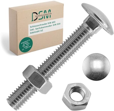 RVS Slotschroeven M8 x 16 mm DIN 603 met Zeskantmoer DIN 934 - Platte Ronde Kop RVS A2