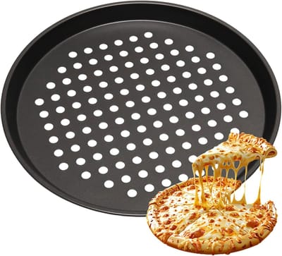 KZQ Ronde geperforeerde pizzapan van 30 cm - pizzapan van koolstofstaal - geschikt voor diepvriespizza's en zelfgemaakte pizza's - antiaanbaklaag - ovenbestendig.