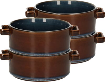 Cosy & Trendy Kommetjes/soepkommen voor dessert/ontbijt - 4x - Porselein - D13 x 5.5 cm - blauw/bruin - met oortjes - stapelbaar