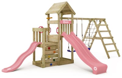 Wickey - Speeltoestel SkyFlyer - met 2 glijbanen en klimaanbouw - Speelhuis, Speeltoestel, Klimtoestel, Klimrek, Glijbaan, Schommel, Zandbak - Pastel Roze