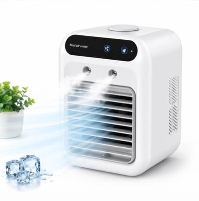 Deze stille mini-luchtkoeler is voorzien van een waternevelfunctie, aanraakbediening, twee ventilatorsnelheden en een geluidsniveau van minder dan 36 decibel, waardoor hij ideaal is om te slapen, te werken en voor verwarming in de zomer.