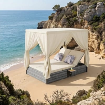 Zonneligstoel 2 Personen 187x128x186 cm Inklapbaar met Zonnedak, Verstelbare Rugleuning en Kussens – Rotan Lounge Hemelbed Weerbestendig met Plank en Hoofdsteun – Grijs Beige – Bella