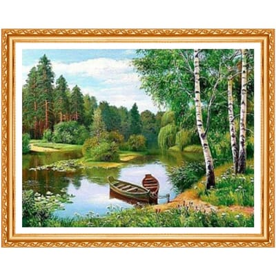 Peinture diamant paysage à faire soi-même, broderie complète de diamant, forêt de lac, perles à motif en pâte complète 20X30CM beige