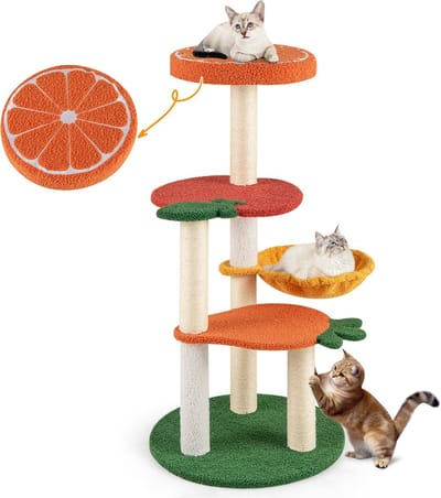 COSTWAY Krabpaal klein, schattig fruitthema, 100 cm, kattenboom met draaibare mand, sisal-krabzuilen, platforms, kattenkrabpaal, kattenmeubel, klimboom, activiteitsboom, speelboom, kleurrijk