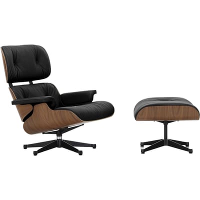 Vitra Lounge Chair & Ottoman - gepolijst/ zijkanten zwart - Leder Premium F nero - VitraNussbaumNatur