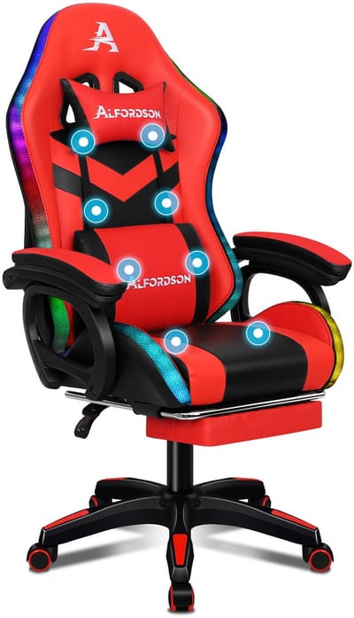 ALFORDSON Gamestoel, 12 RGB LED-kleurenafstandsbediening, armleuningen met schuifrail, intrekbare voetsteun, B-punt massage verstelbaar kussen